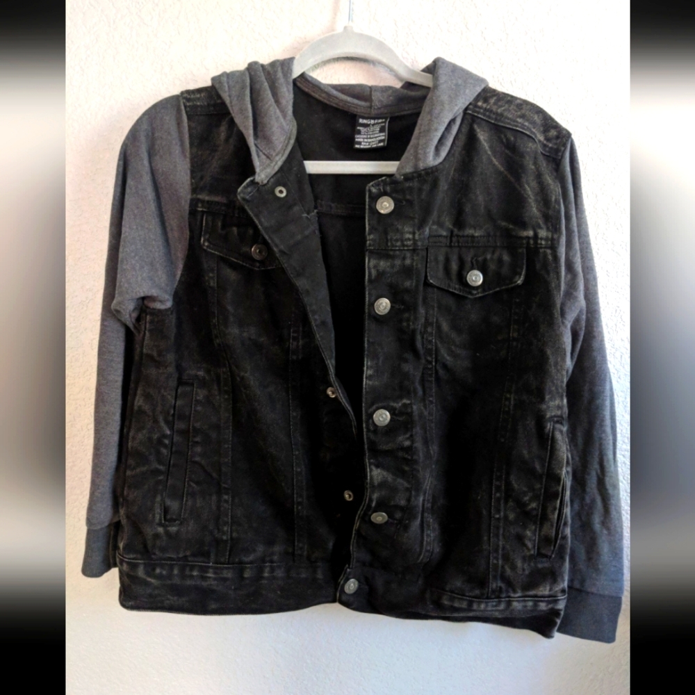 Boys Denim Black Jean Jacket Hooded Sweatshirt Metal Emo Grunge Academia